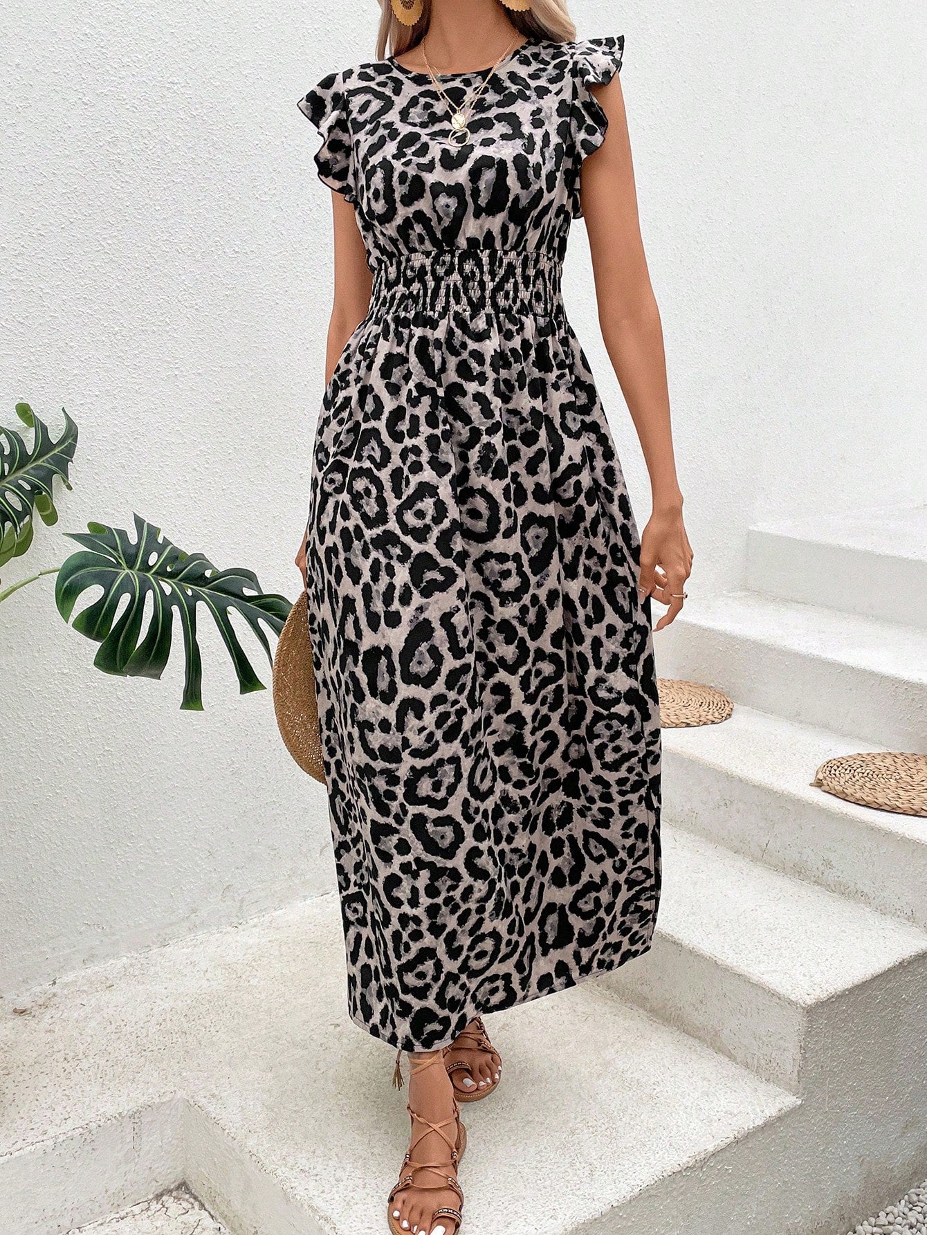 Rüschenkleid für Damen mit Leopardenmuster