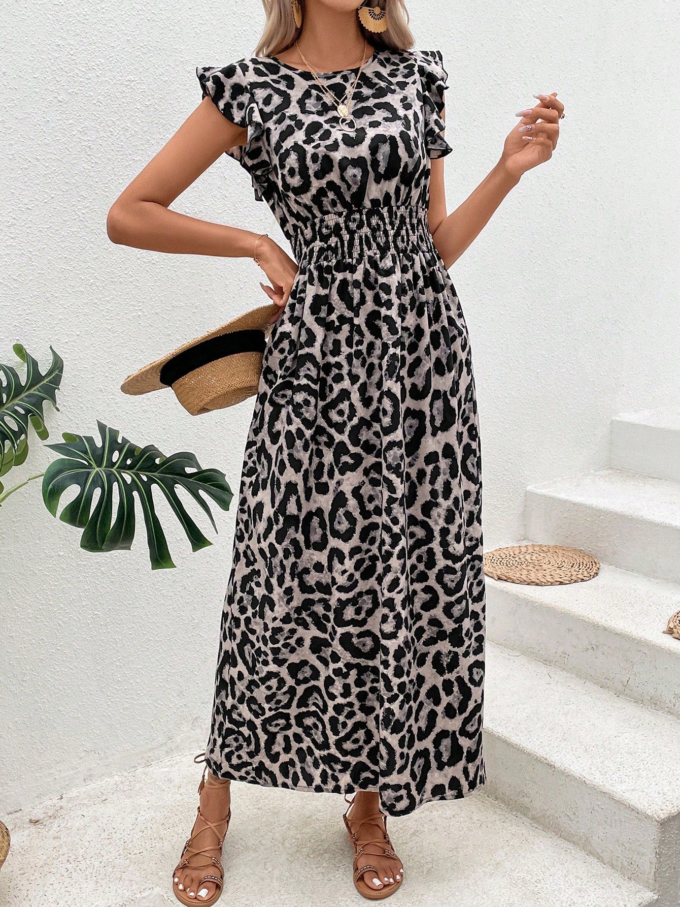 Rüschenkleid für Damen mit Leopardenmuster